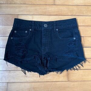 American Eagle Black Distressed Denim Cutoff Shorts Size 0 Stretch Frayed Hem